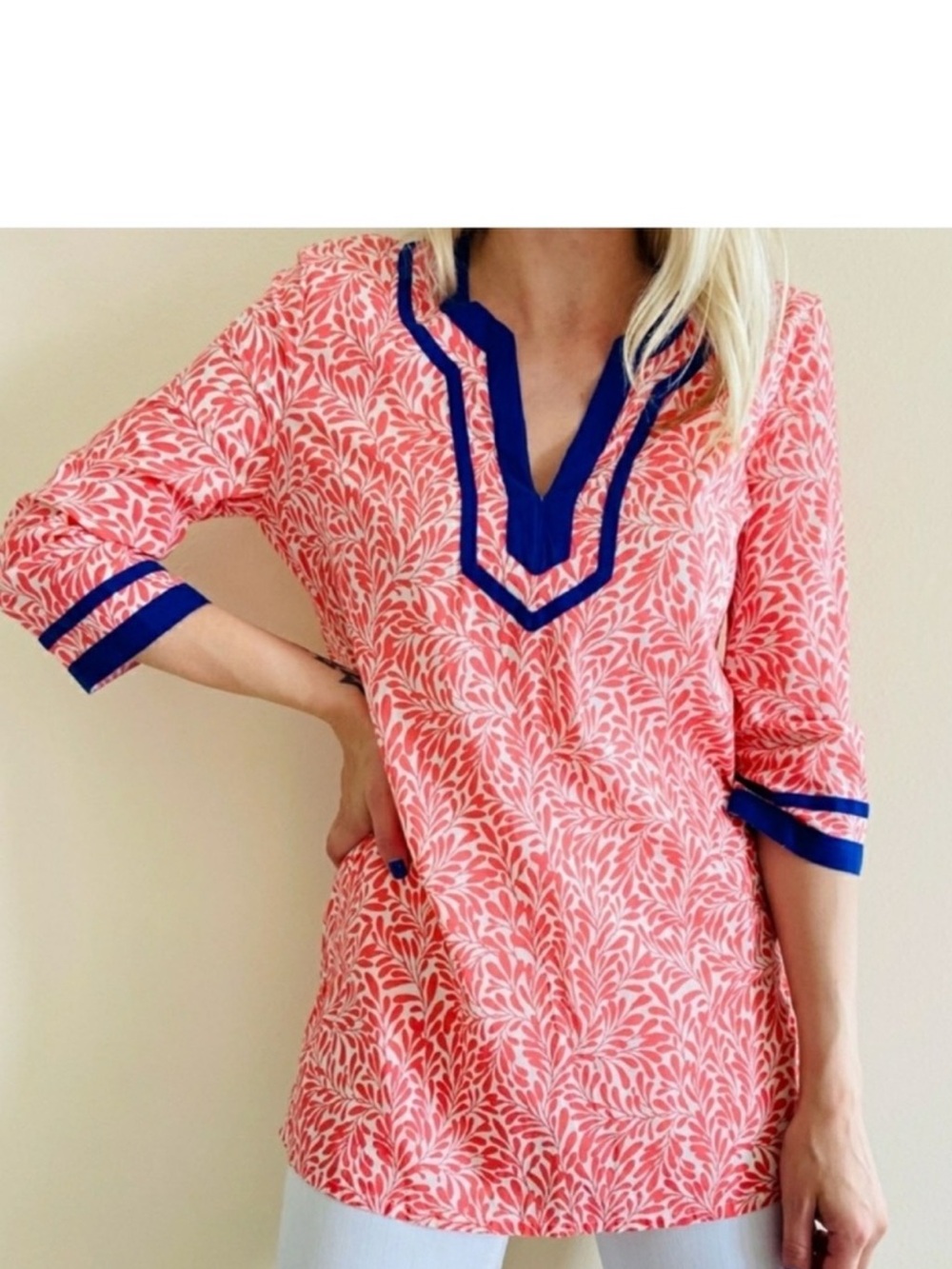 J. Crew Coral & Navy Printed Tunic Top with Contrast Trim
